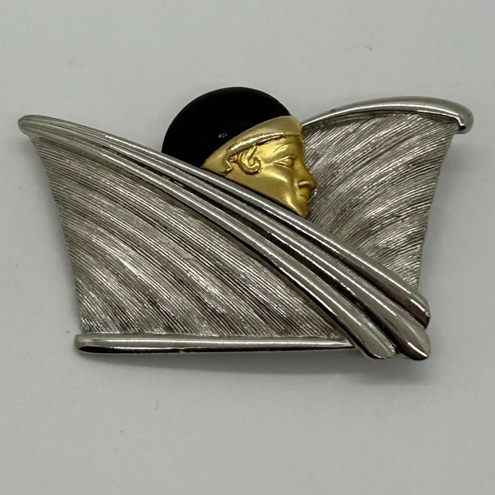 Vintage Art Deco-Inspired Flapper Brooch Silver-Toned Texture Gold-tone Profile - Picture 2 of 16